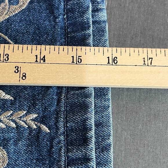 Topshop Moto Mini Skirt Womens Size 16 Blue Denim Embroidered Floral Art Boho‎ - Picture 7 of 8